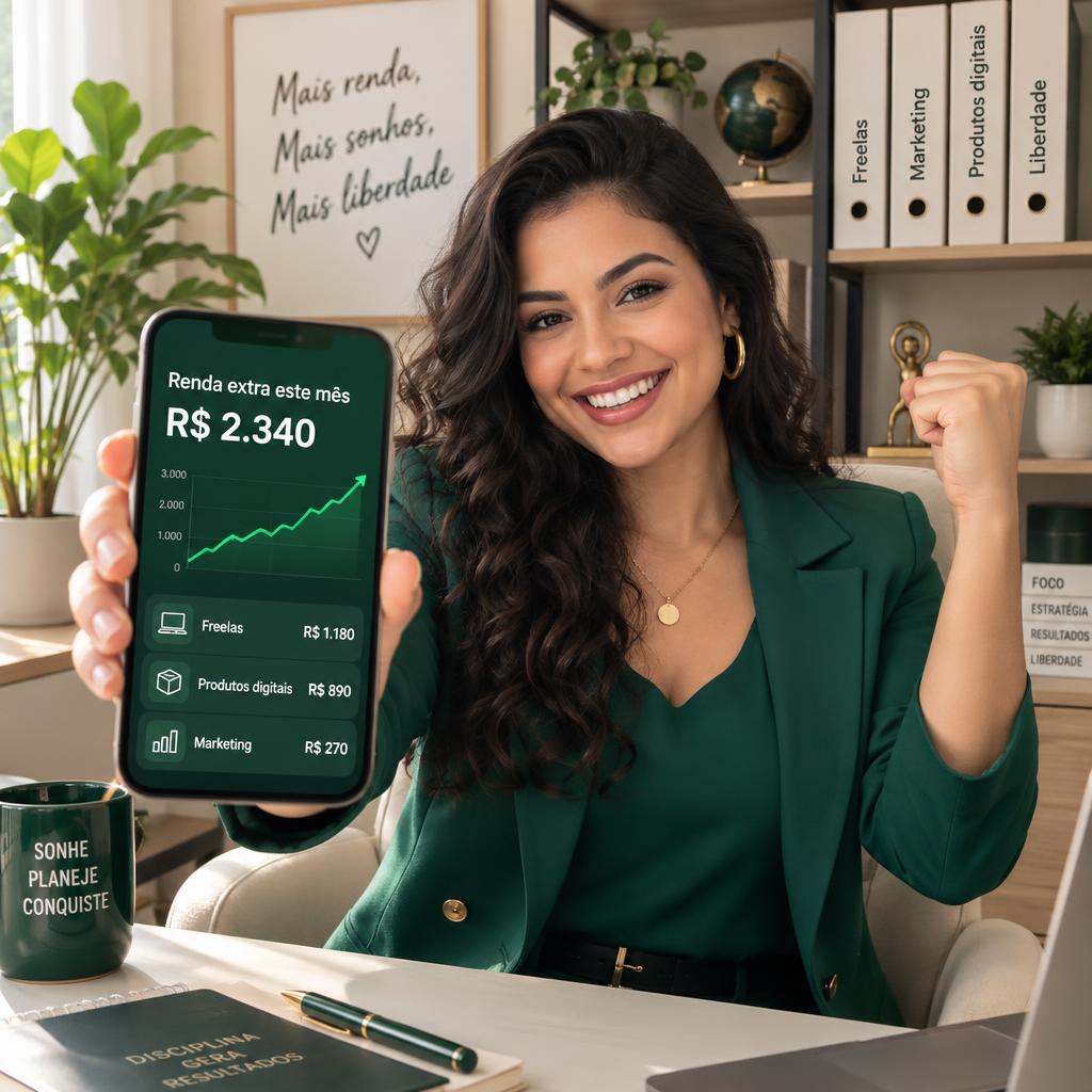 Mulher sorrindo mostrando no celular a renda extra do mês vinda de freelas, produtos digitais e marketing
